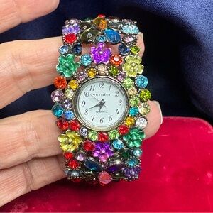 Bracelet Watch Vintage Multicolor Crystals Flowers Gold-tone Clamper